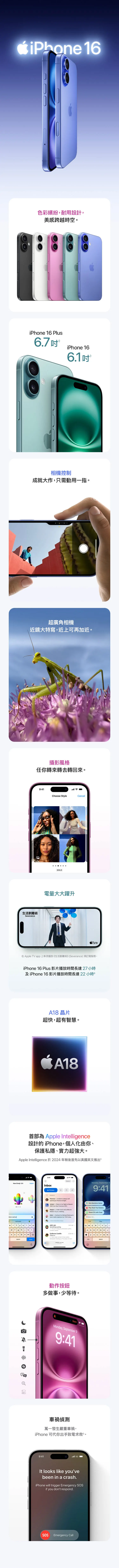 最新iPhone 16 Plus 及iPhone 16 帶來全新設計，包括全新安全偵測，A15仿生晶片、電池、相機系統鏡頭及升級Retina 顯示器等。